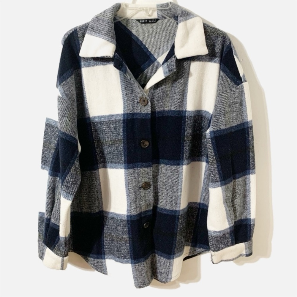 Shein Button Front Long Sleeve Plaid Shacket Layer Piece Pointed Collar Oversize
